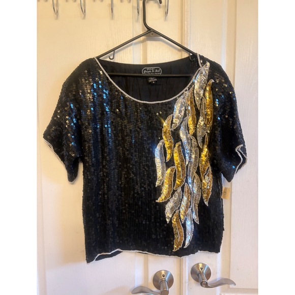 Jean for Joseph Le Bon Tops - Jean for Joseph Le Bon Vintage Silk Sequin Blouse Black Gold Silver Feather S